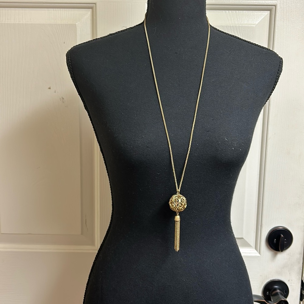 Lucky gold necklace with ball with crystals and tassel, 32”